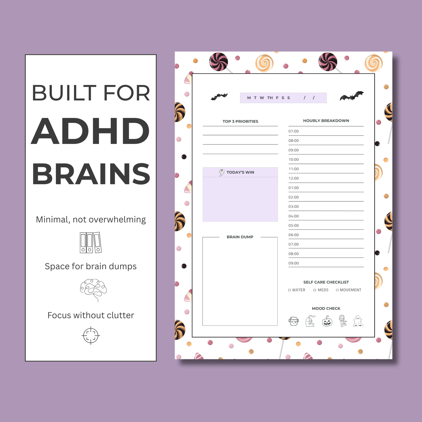 Halloween ADHD Planner Printable | Spooky Daily Planner PDF with Brain Dump & Self-Care Checklist