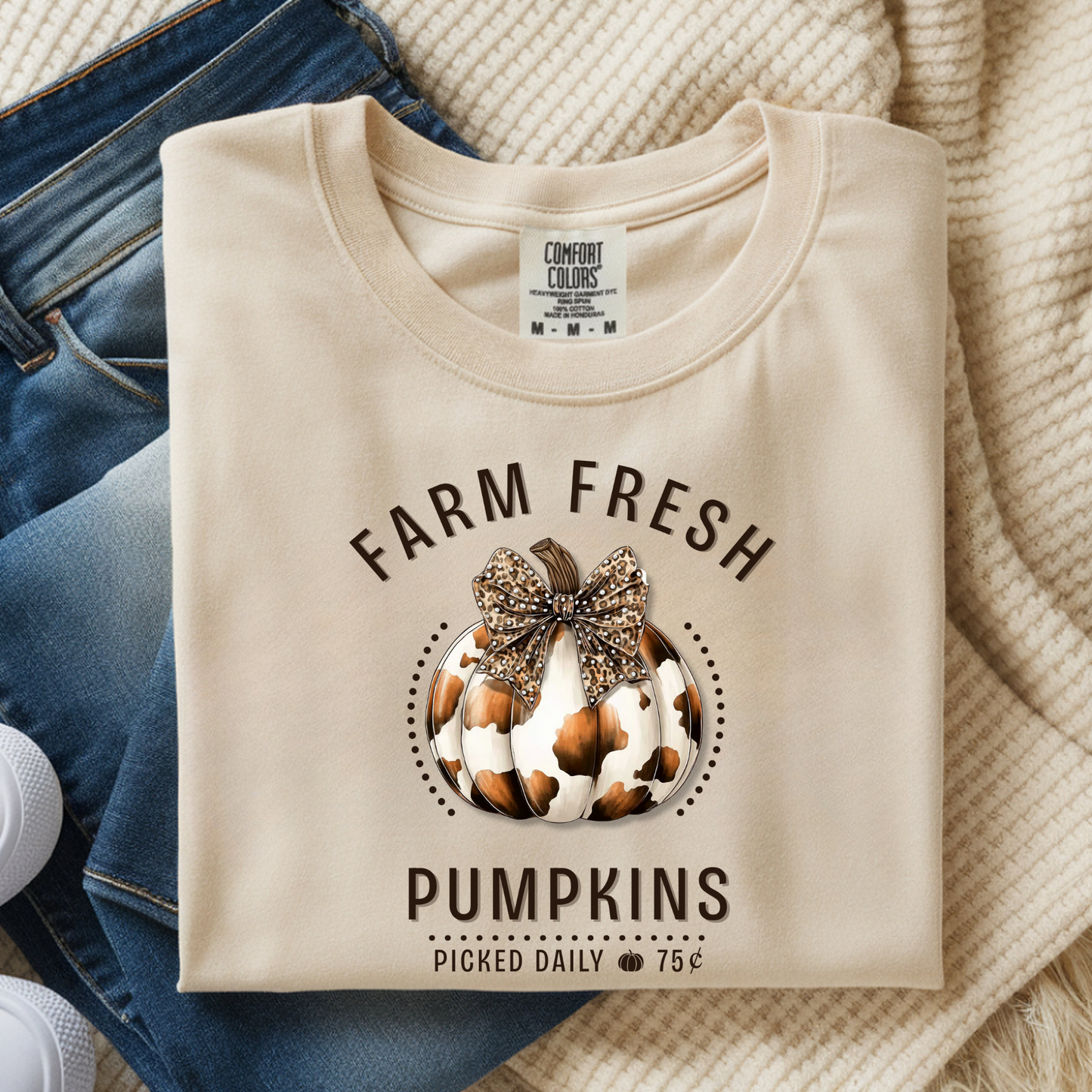 Cow Print Farm Fresh Pumpkin PNG with Leopard Bow – Digital Download
