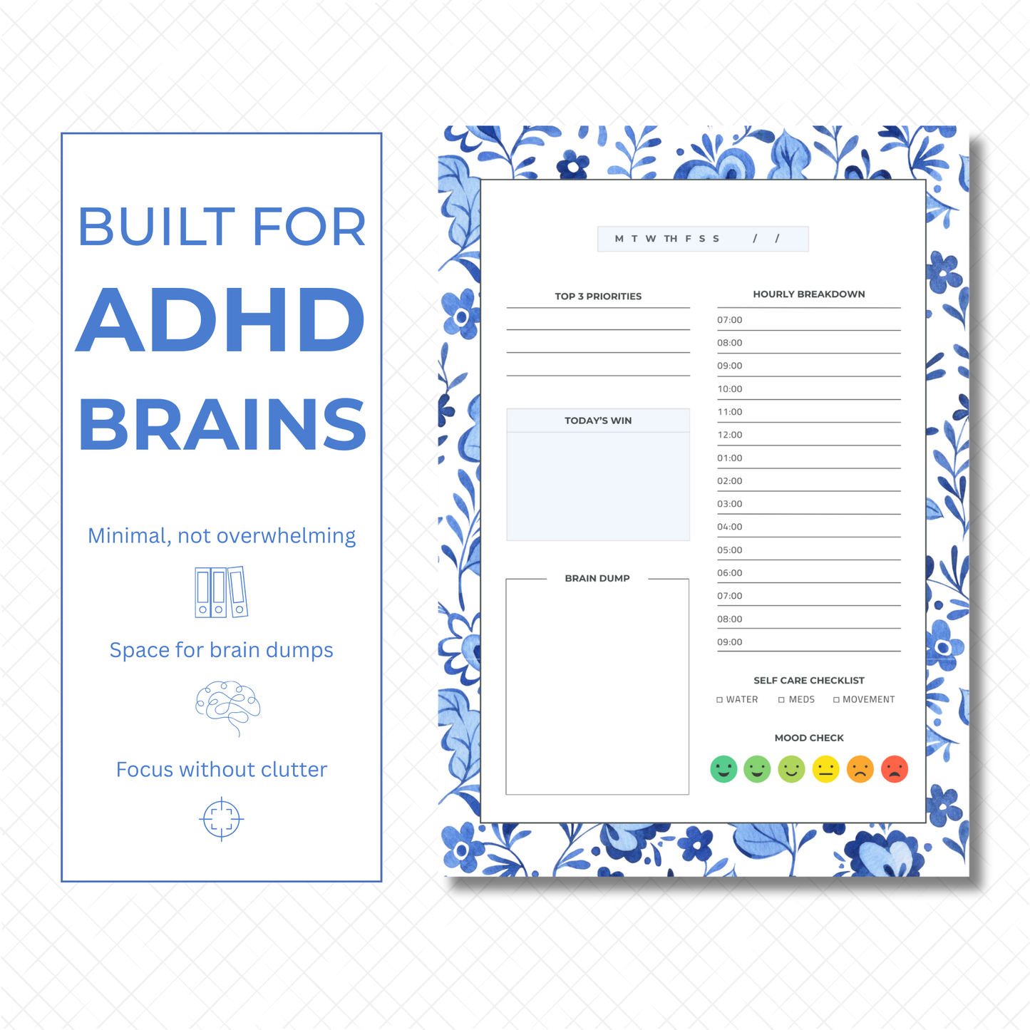 ADHD Daily Planner Printable | Minimal Hourly Schedule, Brain Dump & Self-Care Checklist