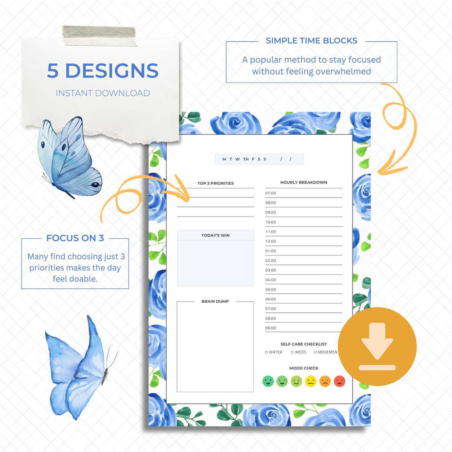 ADHD Daily Planner Printable | Minimal Hourly Schedule, Brain Dump & Self-Care Checklist