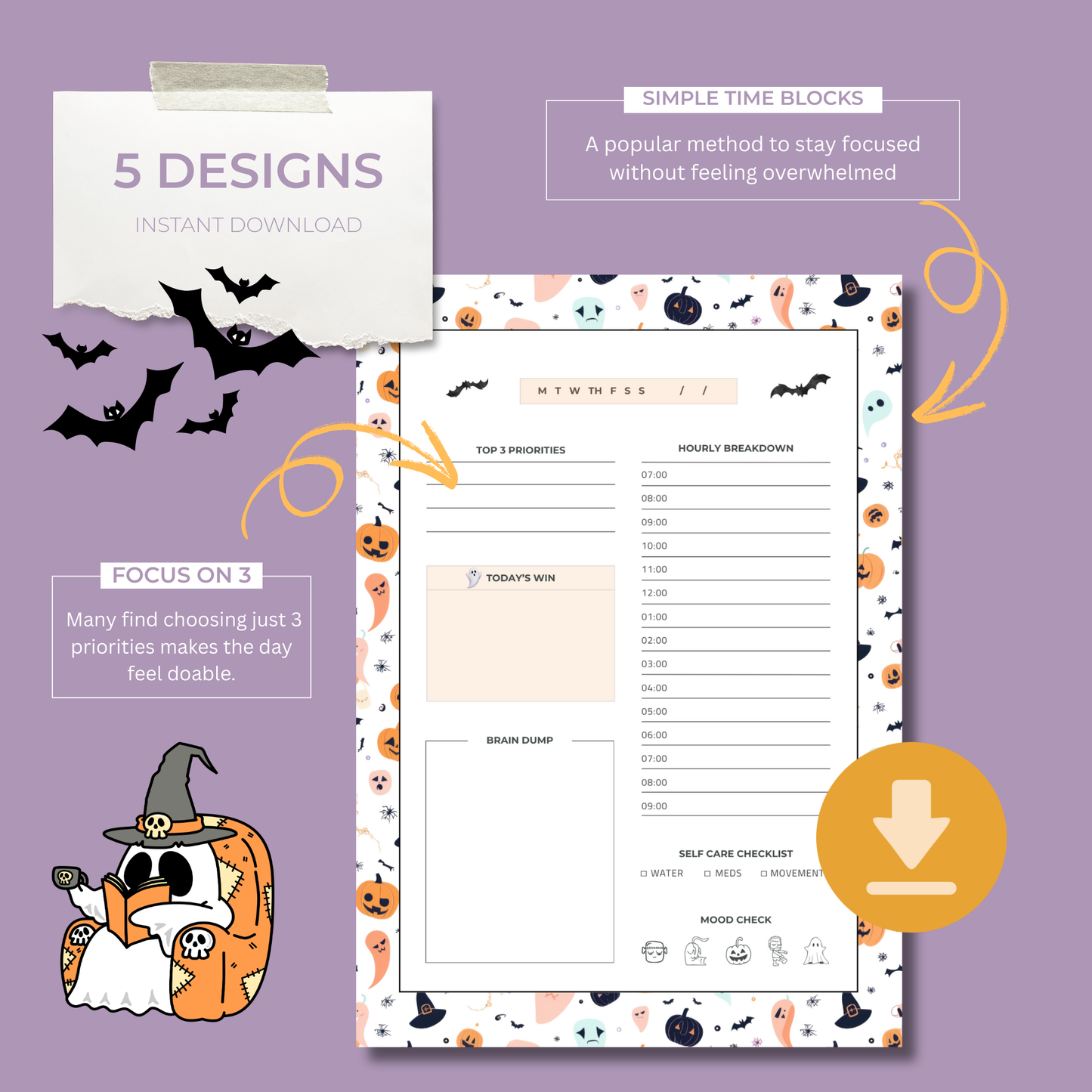 Halloween ADHD Planner Printable | Spooky Daily Planner PDF with Brain Dump & Self-Care Checklist