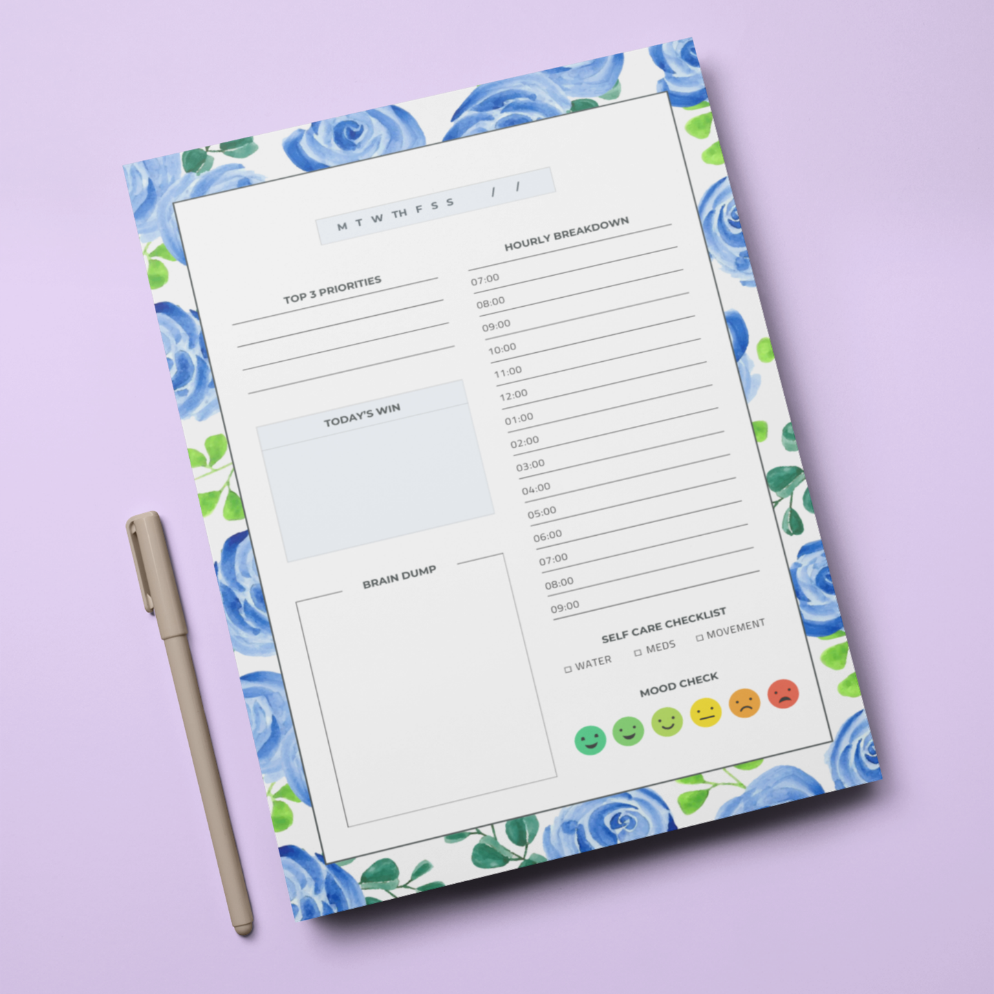 ADHD Daily Planner Printable | Minimal Hourly Schedule, Brain Dump & Self-Care Checklist