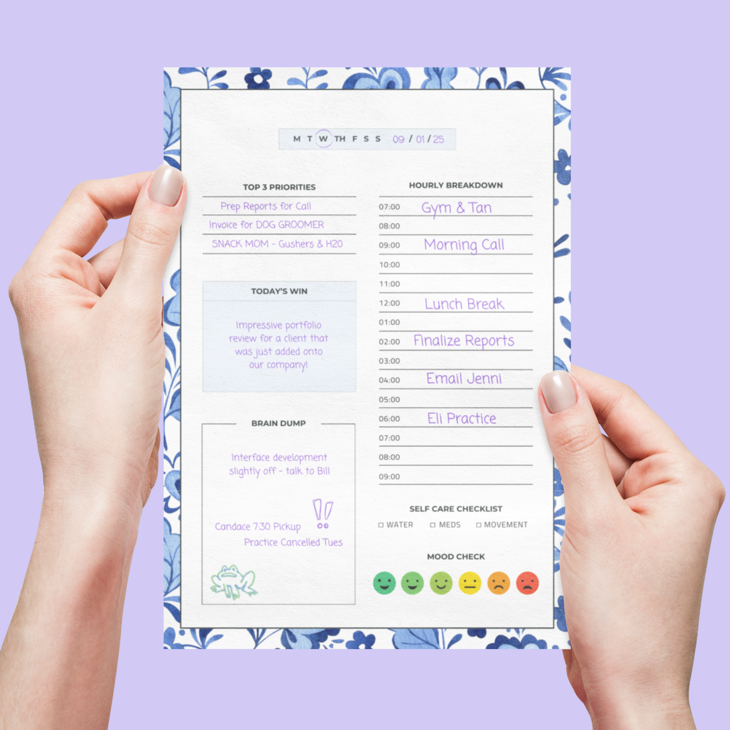 ADHD Daily Planner Printable | Minimal Hourly Schedule, Brain Dump & Self-Care Checklist