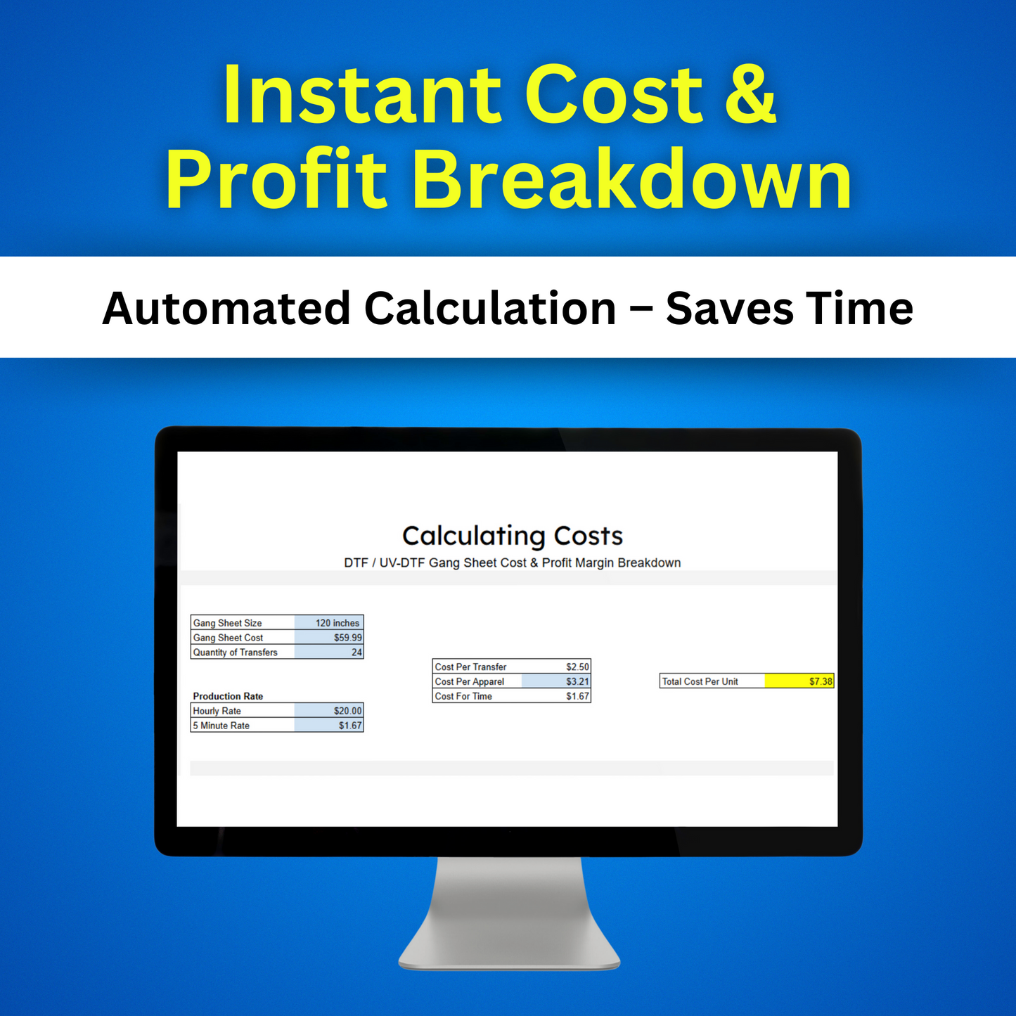 DTF TRANSFERS Cost & Profit Margin Calculator - Maximize Your Profits – Editable Spreadsheet