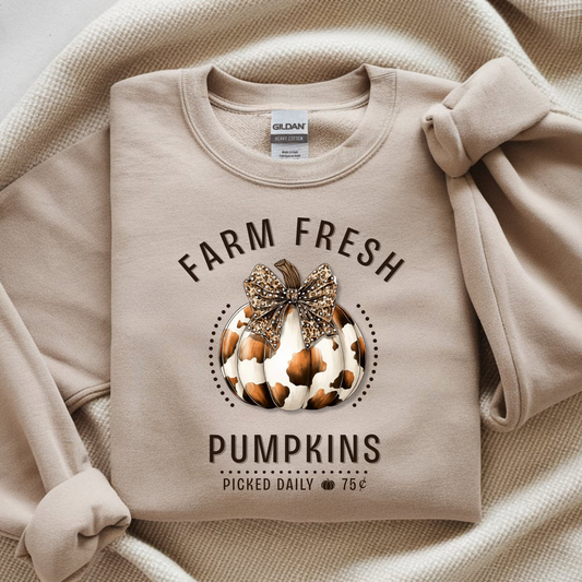 Cow Print Farm Fresh Pumpkin PNG with Leopard Bow – Digital Download