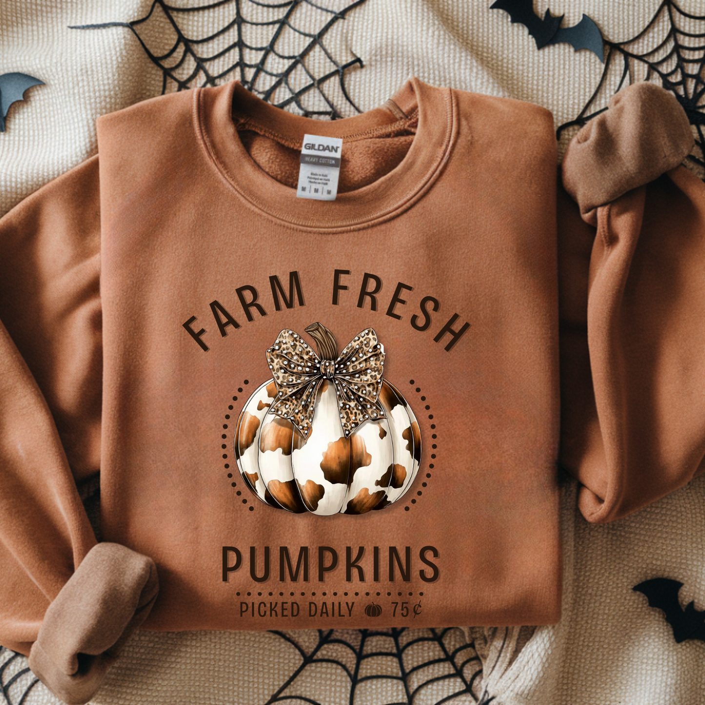 Cow Print Farm Fresh Pumpkin PNG with Leopard Bow – Digital Download