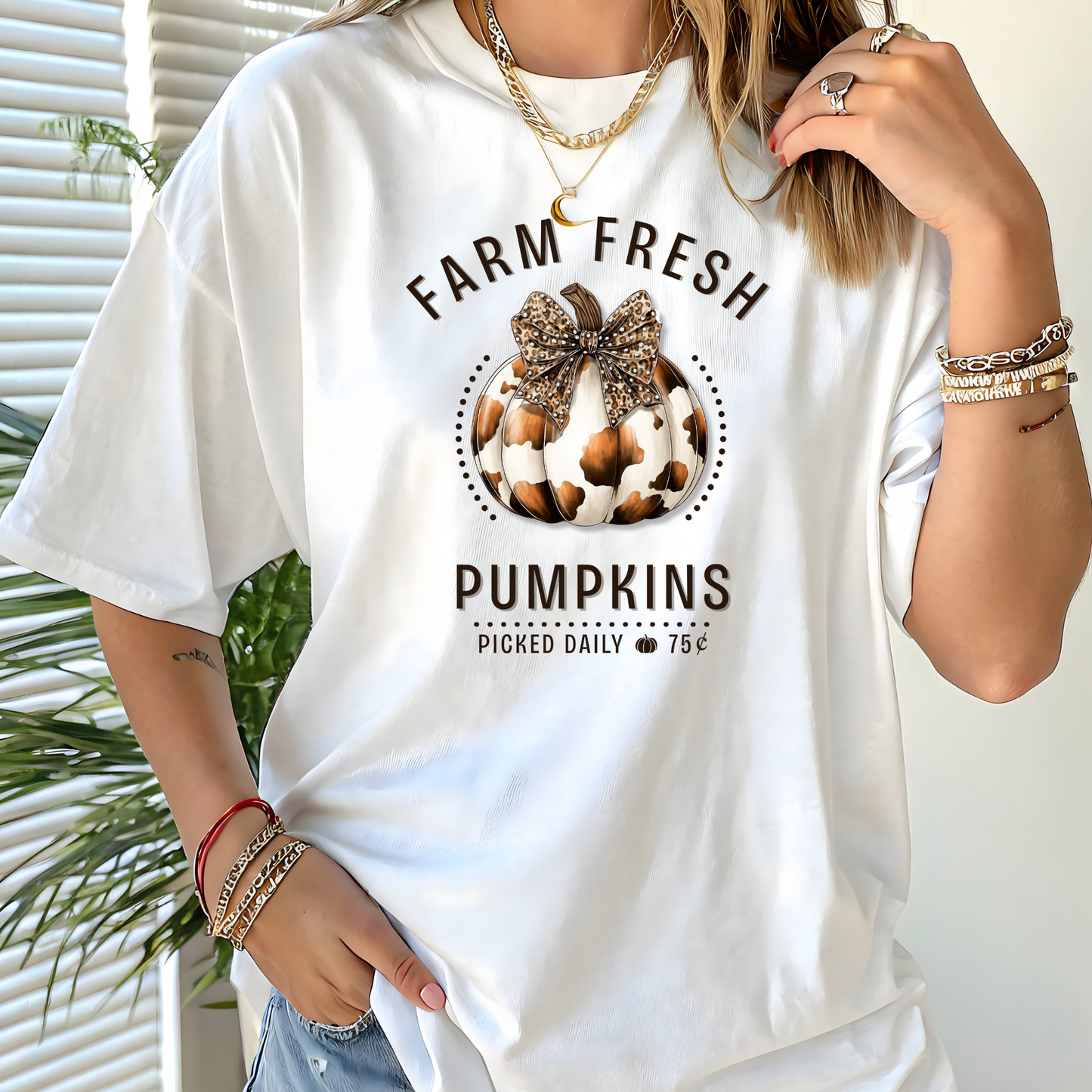 Cow Print Farm Fresh Pumpkin PNG with Leopard Bow – Digital Download